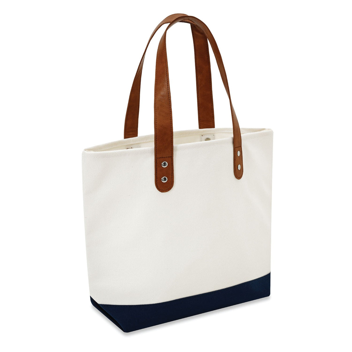 Medium Cotton Canvas Classic Leather Handle Tote Bag (15.75'' W X 12'' H) 18 Oz-Tote Bag-Brand Your Tote-Natural-Navy Blue-Brand Your Tote