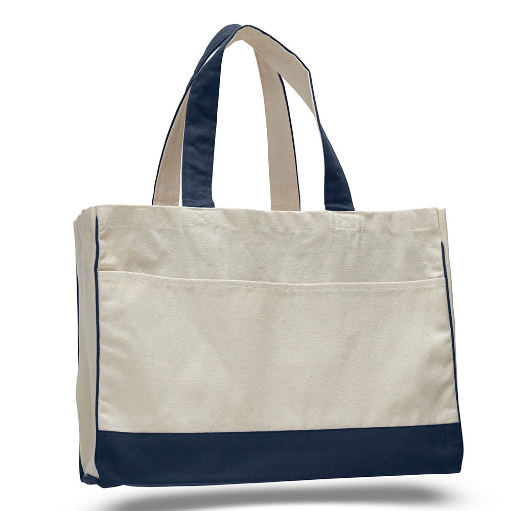 Medium Cotton Canvas Classy Tote Bag (17'' W X 13'' H) 12 Oz-Tote Bag-Brand Your Tote-Natural-Navy Blue-Brand Your Tote