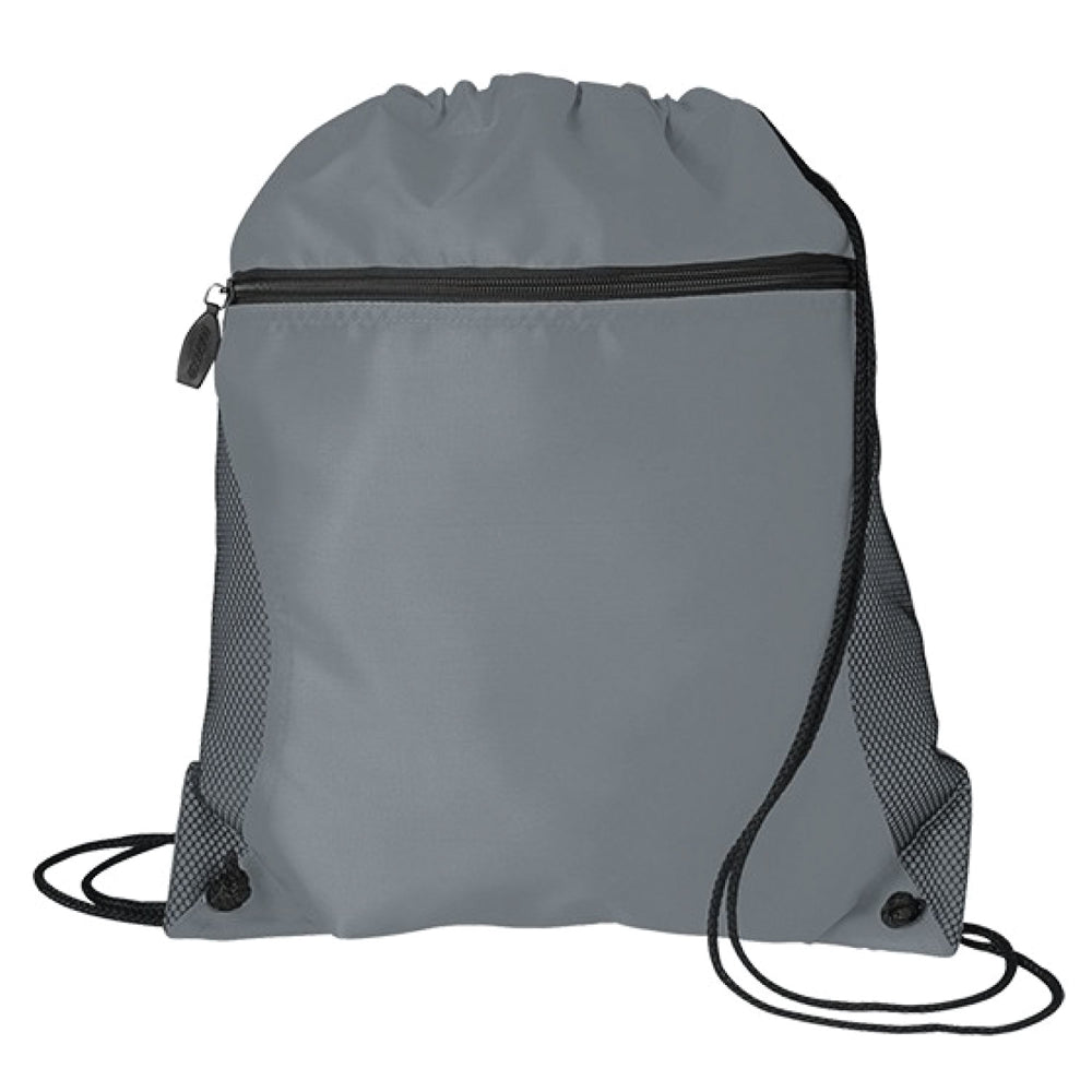 Medium Polyester Mesh Pocket Drawstring / Zippered Backpack (14'' W X 16.5'' H) 210D-Backpack-Brand Your Tote-Grey-Brand Your Tote