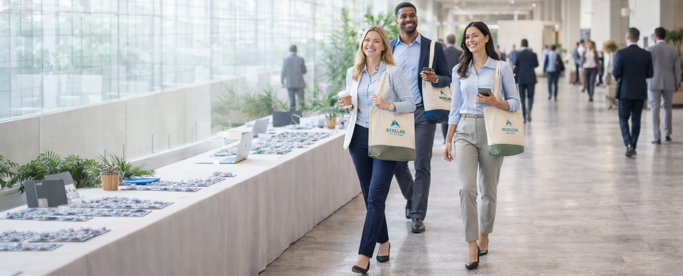 People walking through a modern office building with conference tables and chairs.
