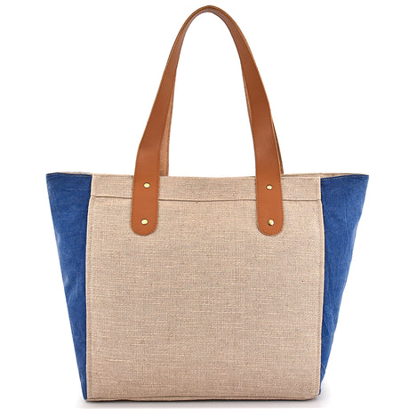 Large Cotton Canvas Tote Bag (21.25'' W X 13.4'' H) 18 Oz Cotton Side Panels/Jute Front&Back-Tote Bag-Brand Your Tote-Natural-Blue-Brand Your Tote