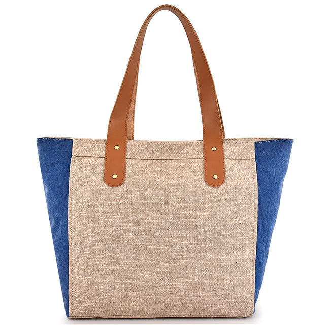 Large Cotton Canvas Tote Bag (21.25'' W X 13.4'' H) 18 Oz Cotton Side Panels/Jute Front&Back-Tote Bag-Brand Your Tote-Natural-Blue-Brand Your Tote