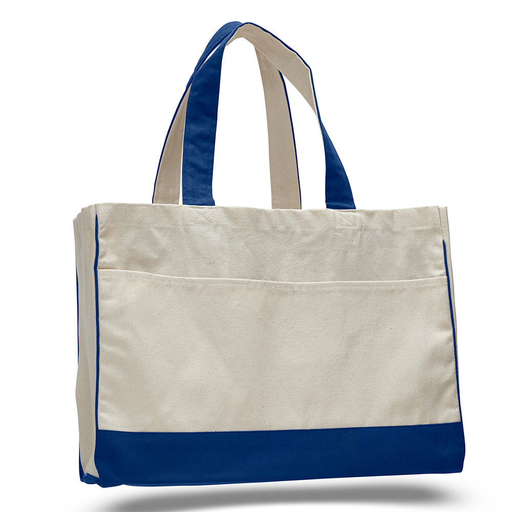 Medium Cotton Canvas Classy Tote Bag (17'' W X 13'' H) 12 Oz-Tote Bag-Brand Your Tote-Natural-Royal Blue-Brand Your Tote