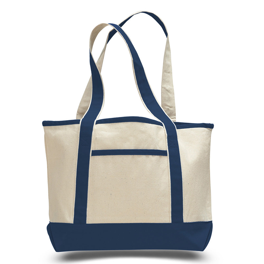 Medium Cotton Canvas Deluxe Shopping Tote Bag (18.5'' W X 12'' H) 12 Oz-Tote Bag-Brand Your Tote-Natural-Navy Blue-Brand Your Tote