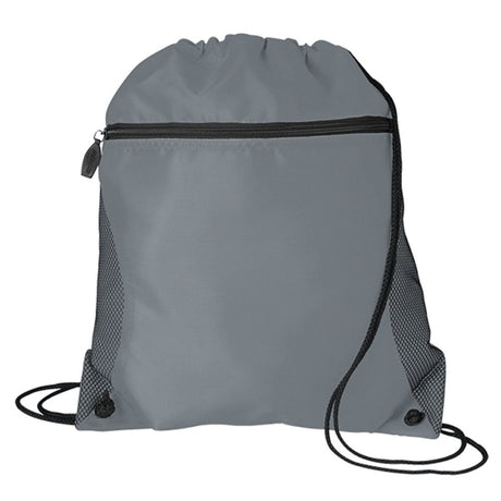 Medium Polyester Mesh Pocket Drawstring / Zippered Backpack (14'' W X 16.5'' H) 210D-Backpack-Brand Your Tote-Grey-Brand Your Tote