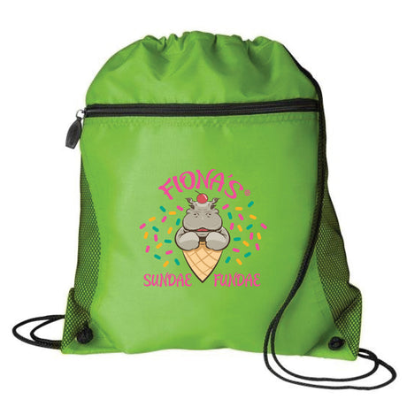 Medium Polyester Mesh Pocket Drawstring / Zippered Backpack (14'' W X 16.5'' H) 210D-Backpack-Brand Your Tote-Lime Green-Brand Your Tote