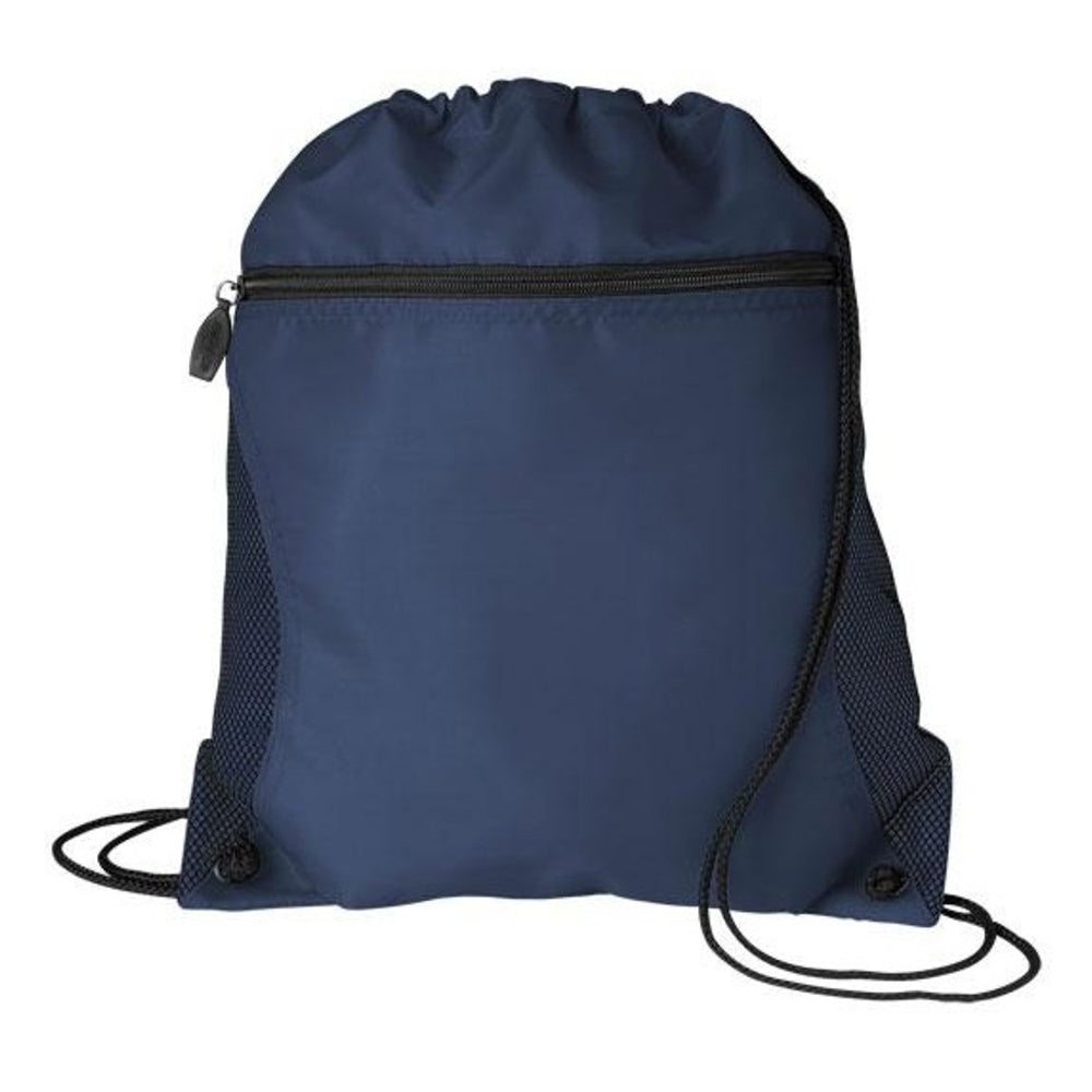 Medium Polyester Mesh Pocket Drawstring / Zippered Backpack (14'' W X 16.5'' H) 210D-Backpack-Brand Your Tote-Navy Blue-Brand Your Tote