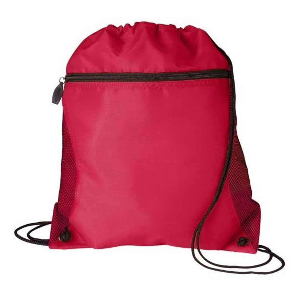 Medium Polyester Mesh Pocket Drawstring / Zippered Backpack (14'' W X 16.5'' H) 210D-Backpack-Brand Your Tote-Red-Brand Your Tote