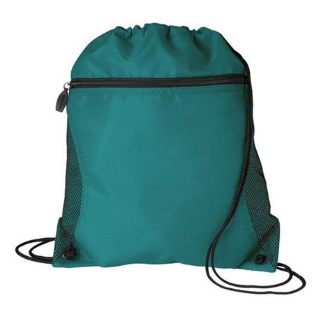 Medium Polyester Mesh Pocket Drawstring / Zippered Backpack (14'' W X 16.5'' H) 210D-Backpack-Brand Your Tote-Teal-Brand Your Tote